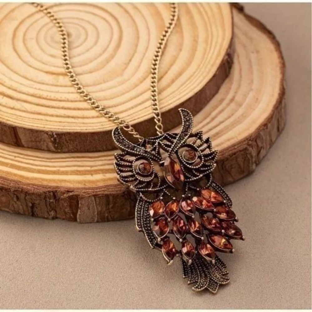 Vintage Style Boho Owl Necklace Long Chain Amber Rhinestone Pendant Jewelry Gift - Picture 5 of 12
